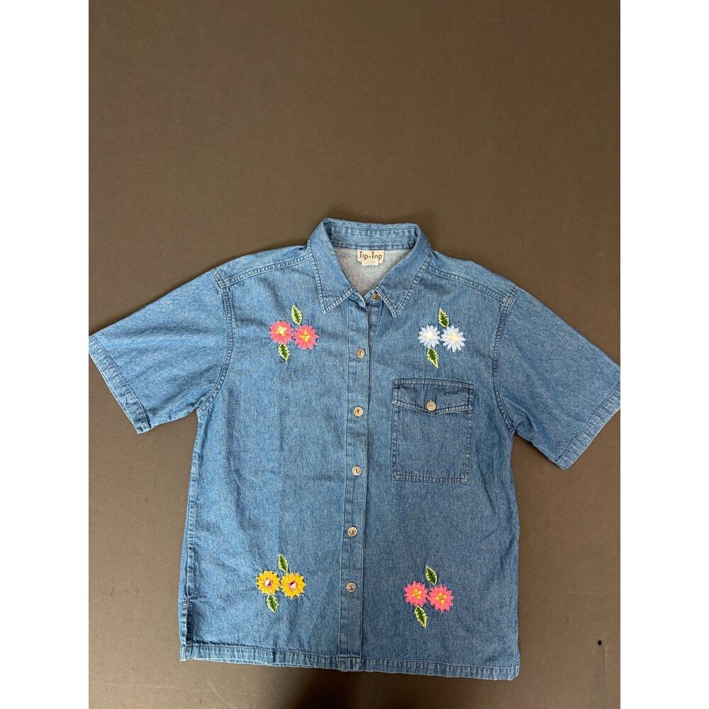 Vintage Tip-Top Womens S Embroidered Floral Denim Shirt Short Sleeve Cottagecore